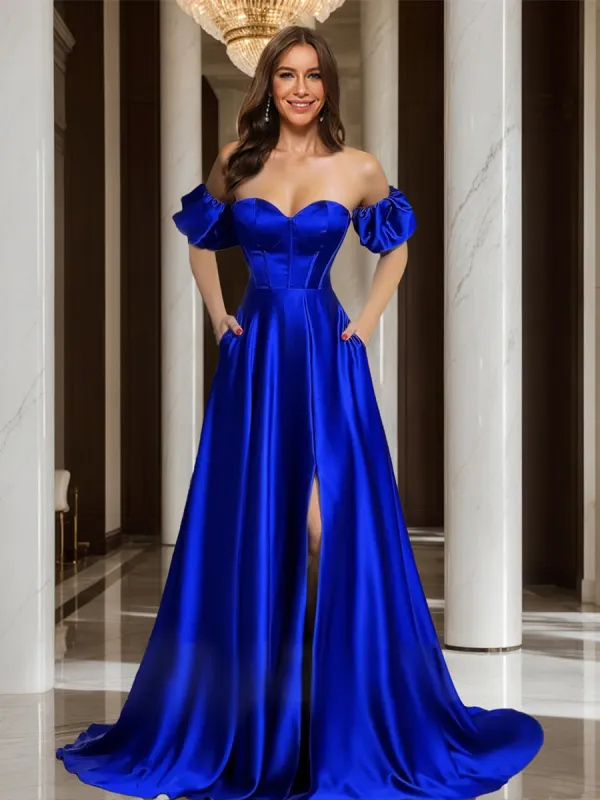 A-Line/Princess Sweetheart Strapless Corset Slit Long Prom Dresses with Detachable Sleeves sold by Lavetir