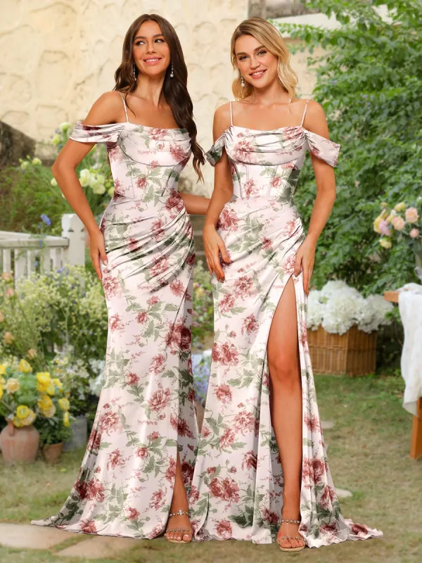 Sheath/Column Off-the-Shoulder Spaghetti Straps Floor-Length Floral Bridesmaid Dresses with Split Side sold by Lavetir