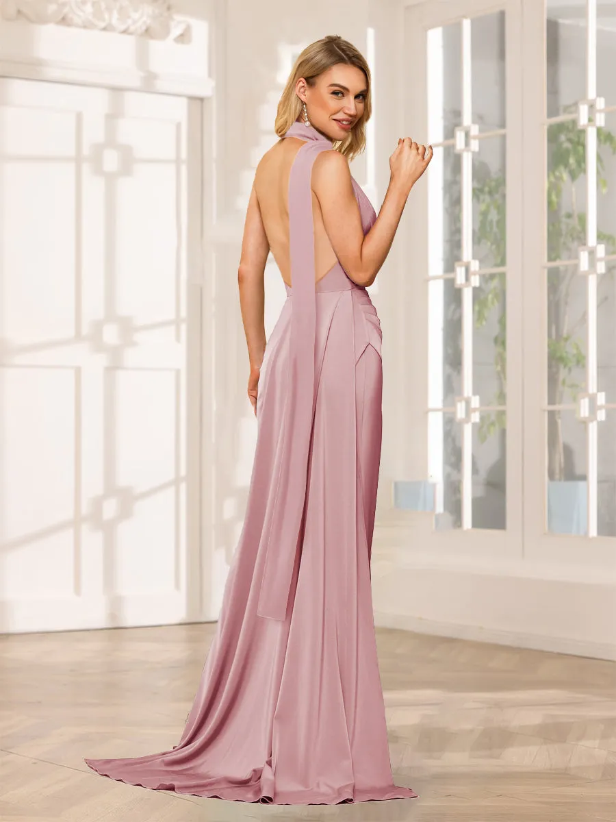 Sheath/Column Halter V-Neck Long Formal Dresses with Split Side & Ruched sold by Lavetir product image thumbnail 2