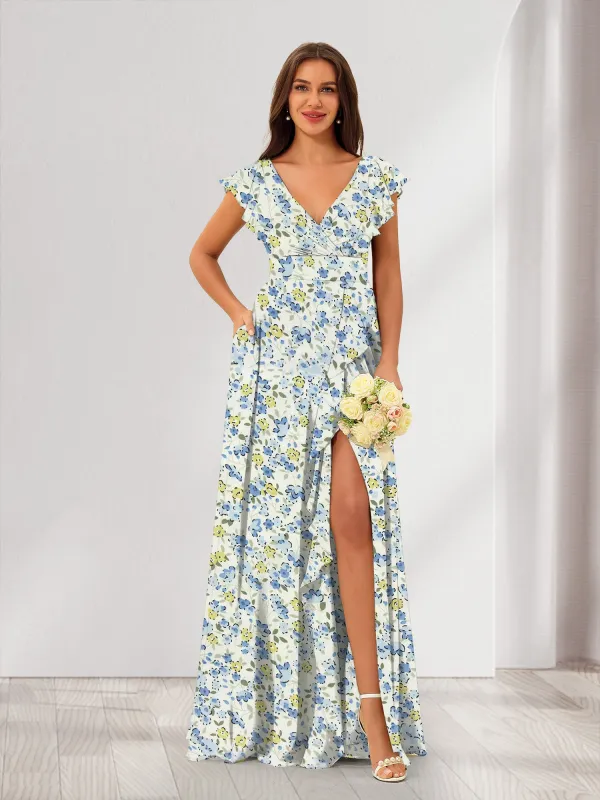 A-Line/Princess V-Neck Sleeveless Split Side Floral Bridesmaid Dresses sold by Lavetir