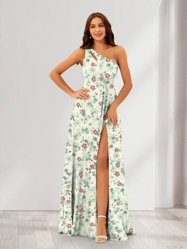 A-Line/Princess One-Shoulder Sleeveless Ruched Floral Bridesmaid Dresses sold by Lavetir