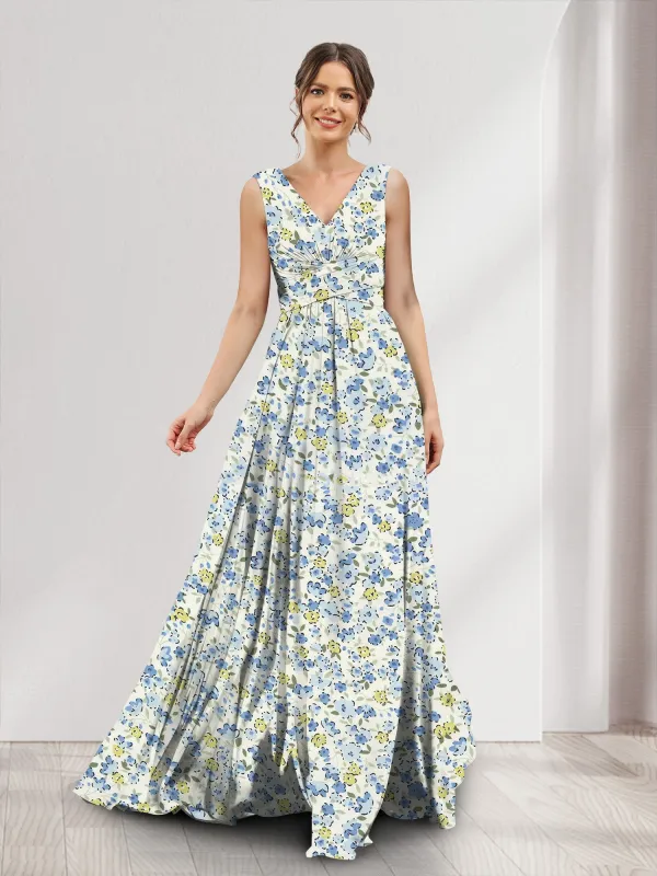 A-Line/Princess V-Neck Sleeveless Ruched Floral Bridesmaid Dresses sold by Lavetir