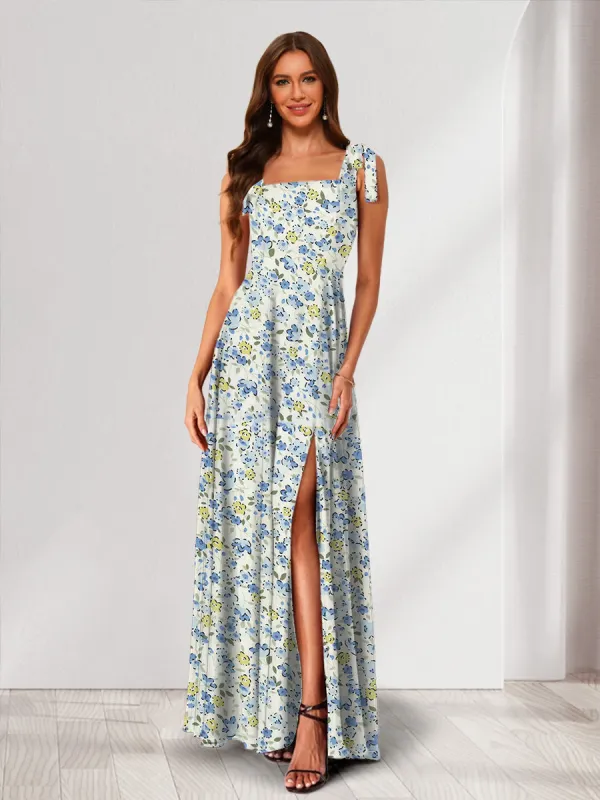 A-Line/Princess Square Neck Sleeveless Split Side Floral Bridesmaid Dresses sold by Lavetir