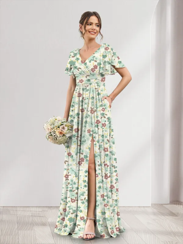 A-Line/Princess V-Neck Short Sleeves Split Side Floral Bridesmaid Dresses sold by Lavetir