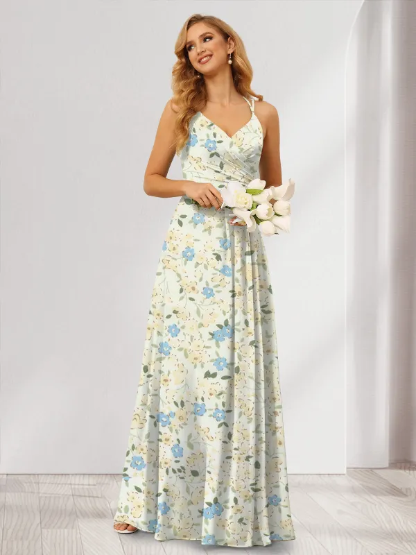 A-Line/Princess Halter Sleeveless Ruched Floral Bridesmaid Dresses sold by Lavetir