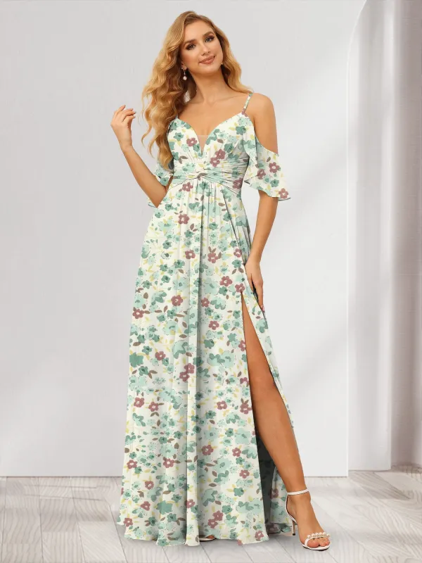 A-Line/Princess Cold Shoulder Short Sleeves Split Side Floral Bridesmaid Dresses sold by Lavetir