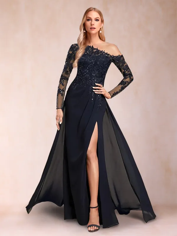 Sheath/Column Asymmetrical One-Shoulder Long Sleeves Mother of the Bride Dresses with Appliques sold by Lavetir