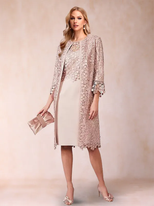 Lace Scoop Neck 3/4 Sleeves Knee Length 2 Pieces Mother of the Bride Dresses with Jacket sold by Lavetir