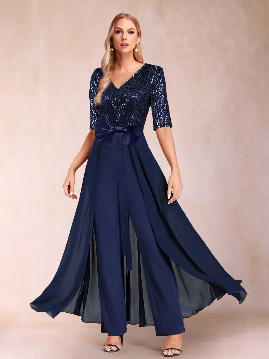 Sequin V-Neck Half Sleeves Floor-Length Mother of the Bride Pantsuits with Bow sold by Lavetir