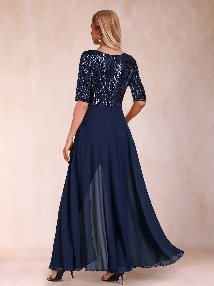 Sequin V-Neck Half Sleeves Floor-Length Mother of the Bride Pantsuits with Bow sold by Lavetir product image thumbnail 2