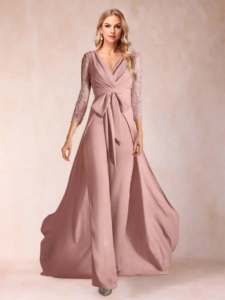 Chiffon V-Neck 3/4 Sleeves Floor-Length Ruched Mother of the Bride Pantsuits with Appliques sold by Lavetir