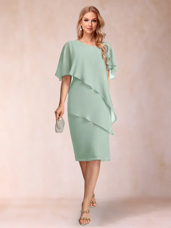 Sheath/Column Asymmetrical Neck Short Sleeves Tiered Mother of the Bride Dresses with Beading sold by Lavetir