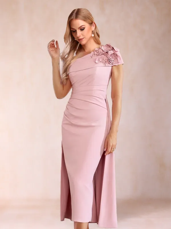 Sheath/Column One-Shoulder Tea-Length Short Sleeves Pleated Mother of the Bride Dresses with Flowers sold by Lavetir