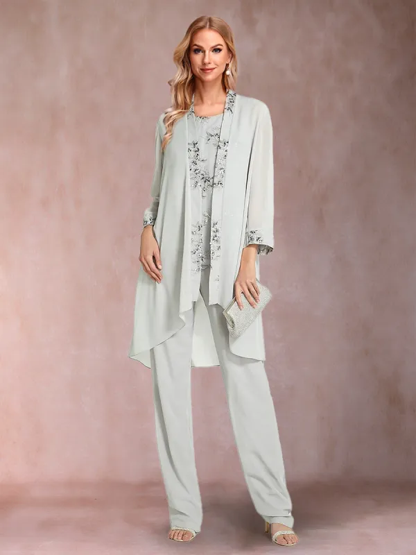 Chiffon Scoop Long Sleeves Floor-Length 3 Pieces Mother of the Bride Pantsuits with Appliques sold by Lavetir
