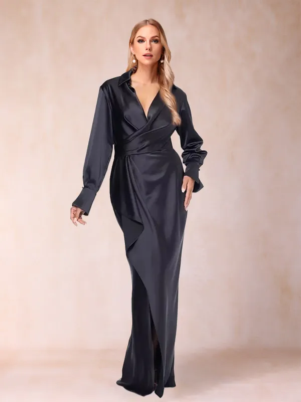 Sheath/Column Shirt Collar Floor-Length Long Sleeves Mother of the Bride Dresses with Ruffles sold by Lavetir