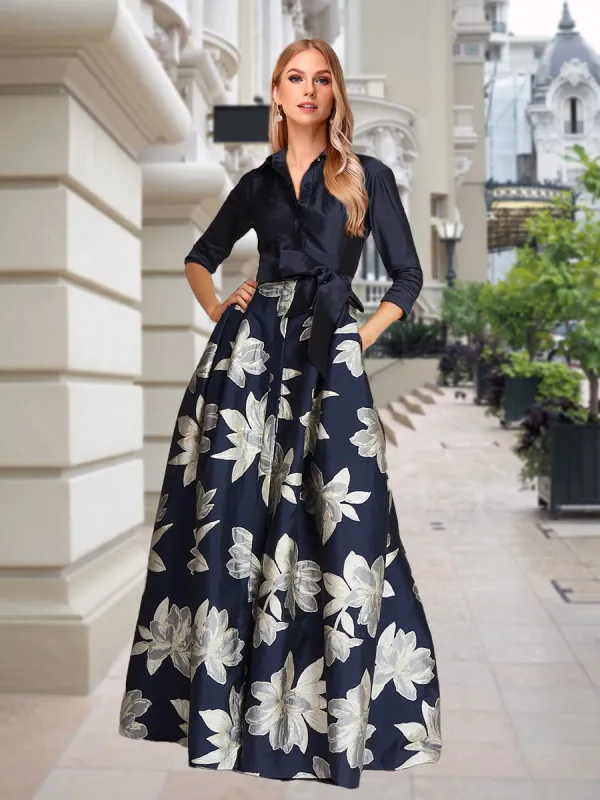 A-Line/Princess Shirt Collar Floor-Length 3/4 Sleeves Printed Floral Mother of the Bride Dresses sold by Lavetir