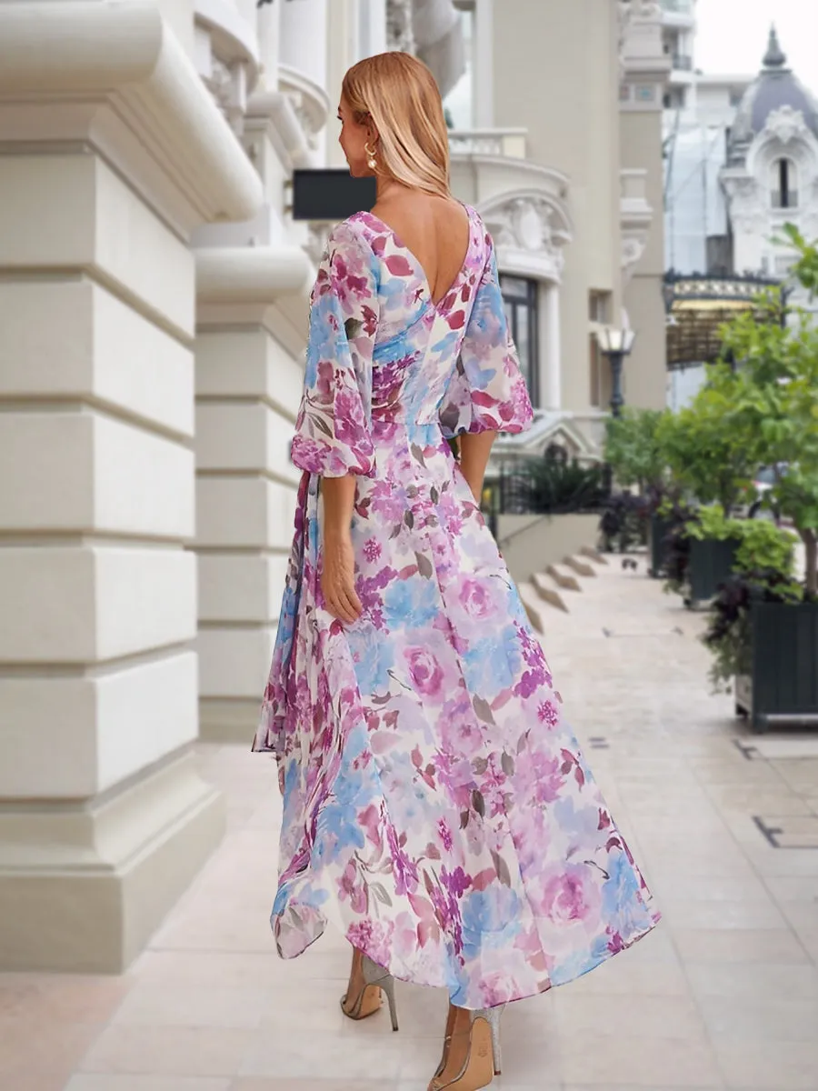 A-Line/Princess V-Neck 3/4 Sleeves High-Low Printed Floral Mother of the Bride Dresses sold by Lavetir product image thumbnail 2