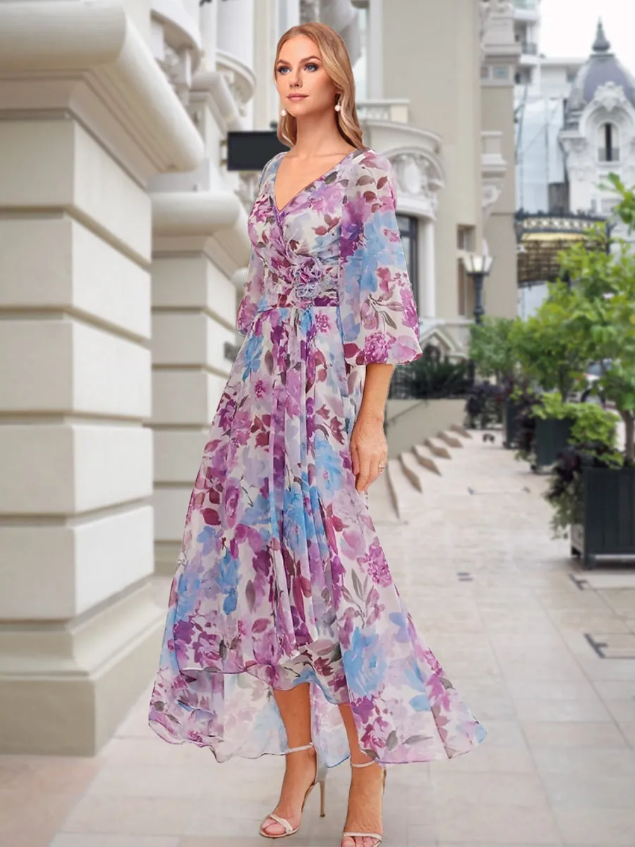 A-Line/Princess V-Neck 3/4 Sleeves High-Low Printed Floral Mother of the Bride Dresses sold by Lavetir
