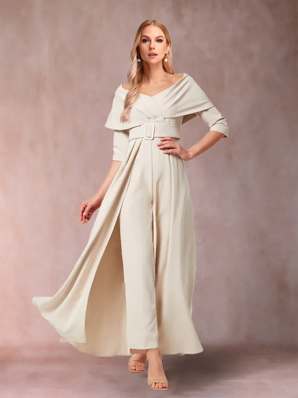 Chiffon V-Neck 3/4 Sleeves Floor-Length Pleated Mother of the Bride Pantsuits with Sash sold by Lavetir