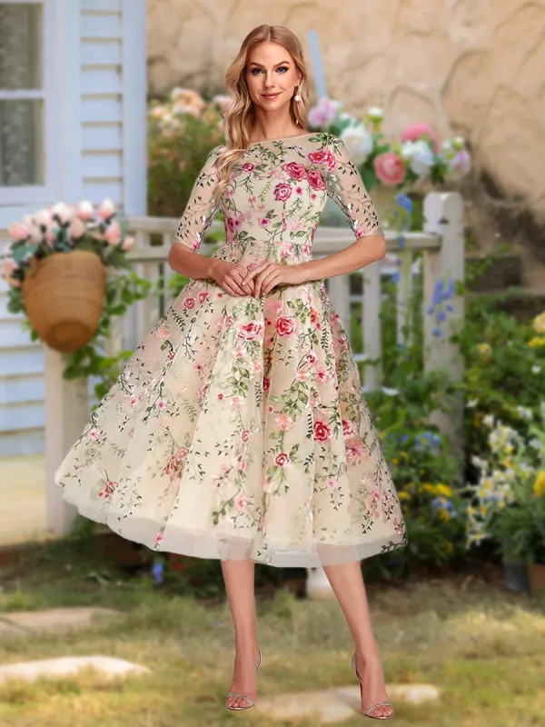 A-Line/Princess Scoop Half Sleeves Tea-Length Vintage Mother of the Bride Dresses with Embroidery Appliques sold by Lavetir