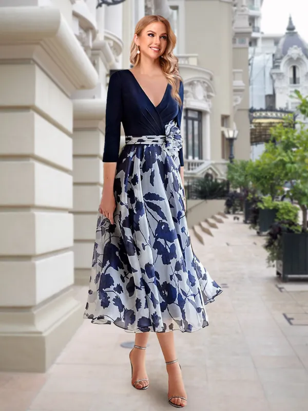 A-Line/Princess V-Neck 3/4 Sleeves Tea-Length Printed Floral Mother of the Bride Dresses sold by Lavetir