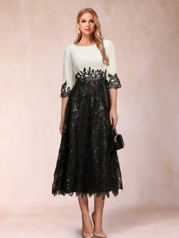 A-Line/Princess Scoop Half Sleeves Tea-Length Mother of the Bride Dresses with Appliques sold by Lavetir