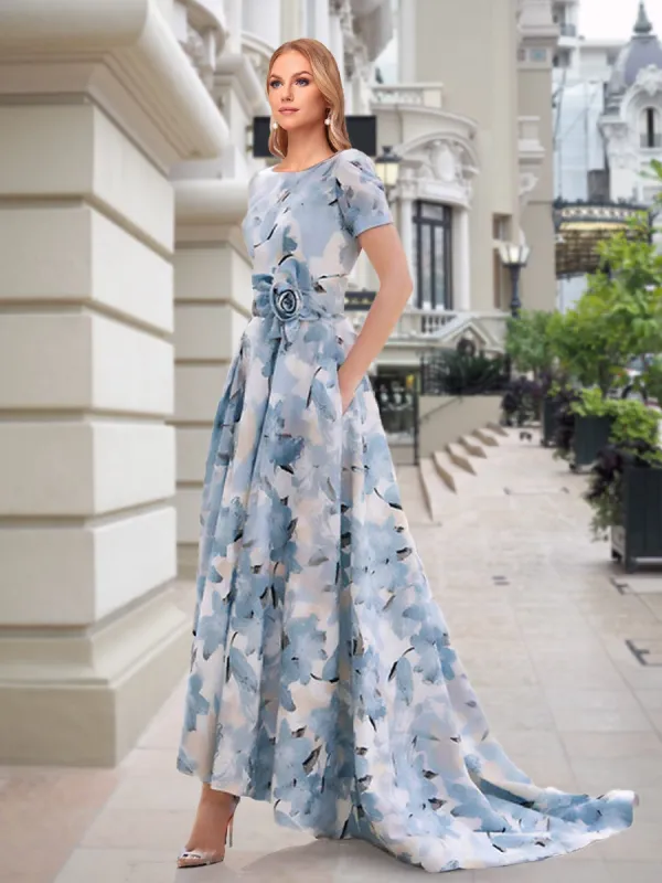 A-Line/Princess Scoop Short Sleeves Printed Floral Mother of the Bride Dresses with Pockets sold by Lavetir