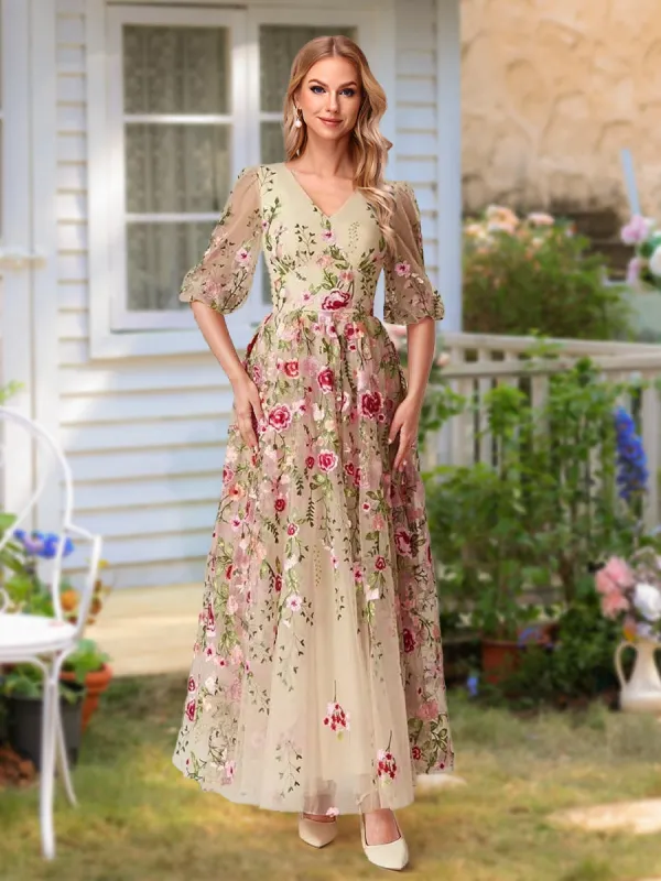 A-Line/Princess V-Neck Half Sleeves Floor-Length Floral Mother of the Bride Dresses sold by Lavetir