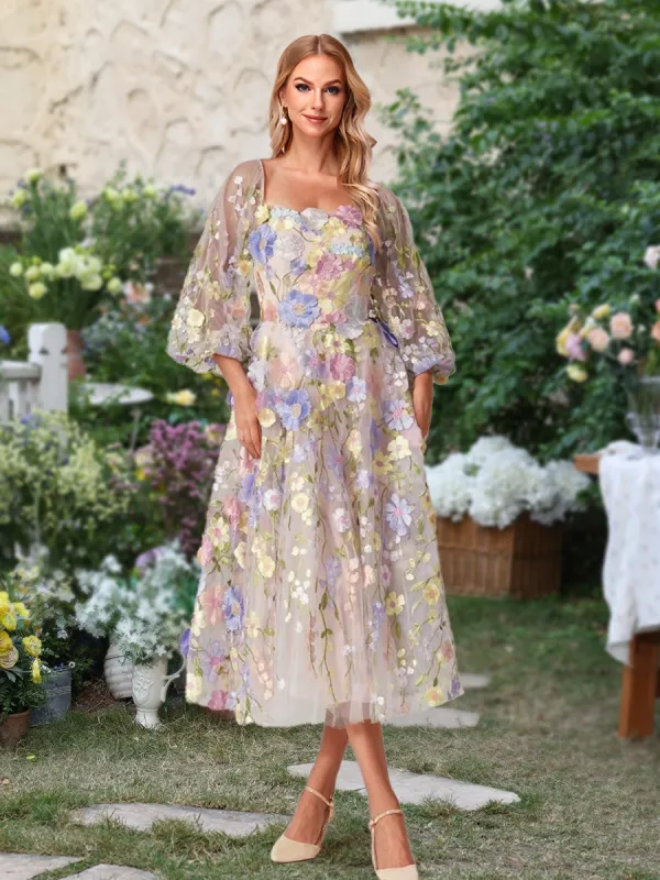 A-Line/Princess Square Neck Puff Sleeves Tea-Length Floral Mother of the Bride Dresses with Appliques sold by Lavetir