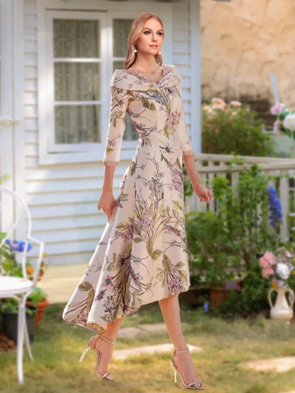 A-Line/Princess V-Neck 3/4 Sleeves Printed Floral Asymmetrical Mother of the Bride Dresses sold by Lavetir