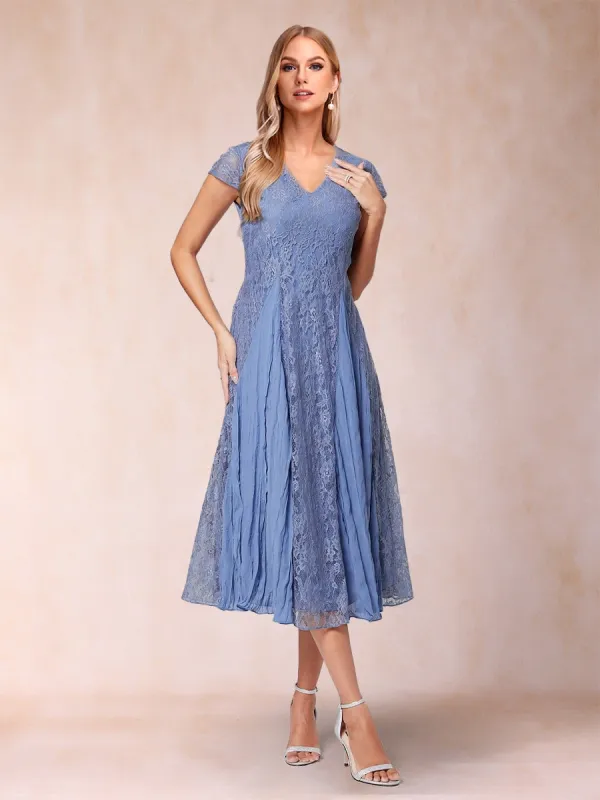 A-Line/Princess V-Neck Short Sleeves Tea-Length Lace Mother of the Bride Dresses sold by Lavetir