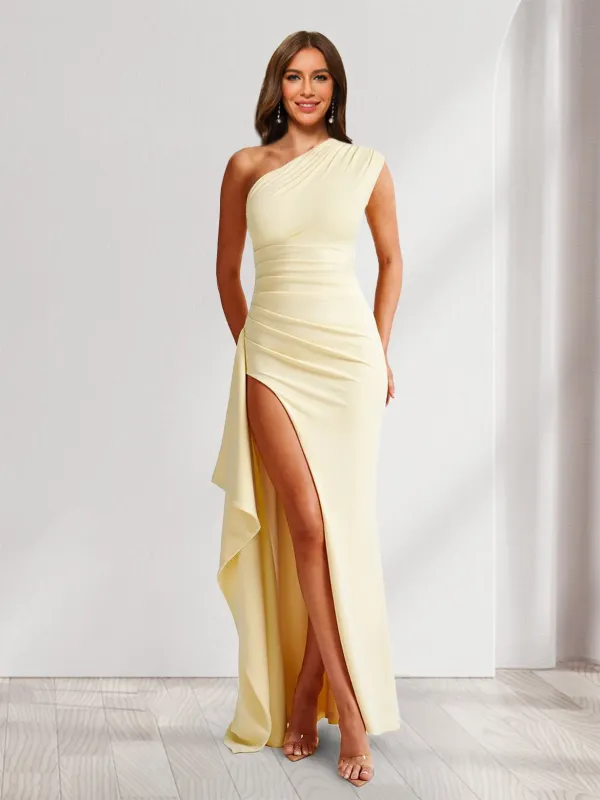 Sheath/Column One-Shoulder Pleated Ruffle Bridesmaid Dresses with Split Side sold by Lavetir