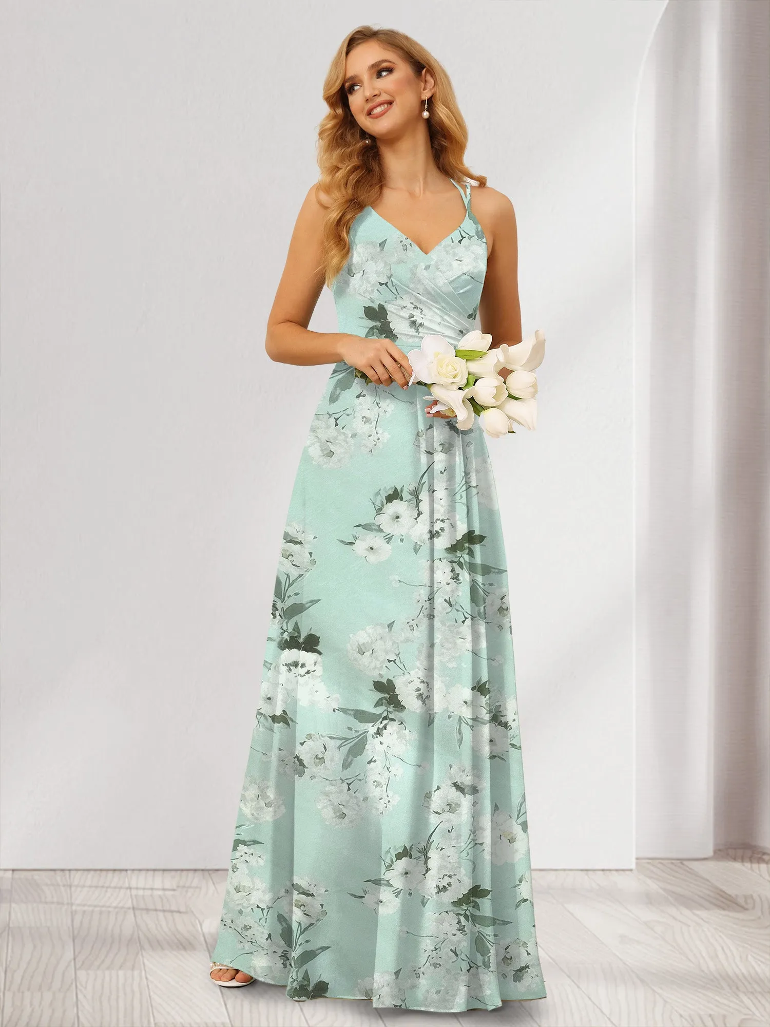 A-Line/Princess V-Neck Long Floral Bridesmaid Dresses with Ruched sold by Lavetir product image thumbnail 3