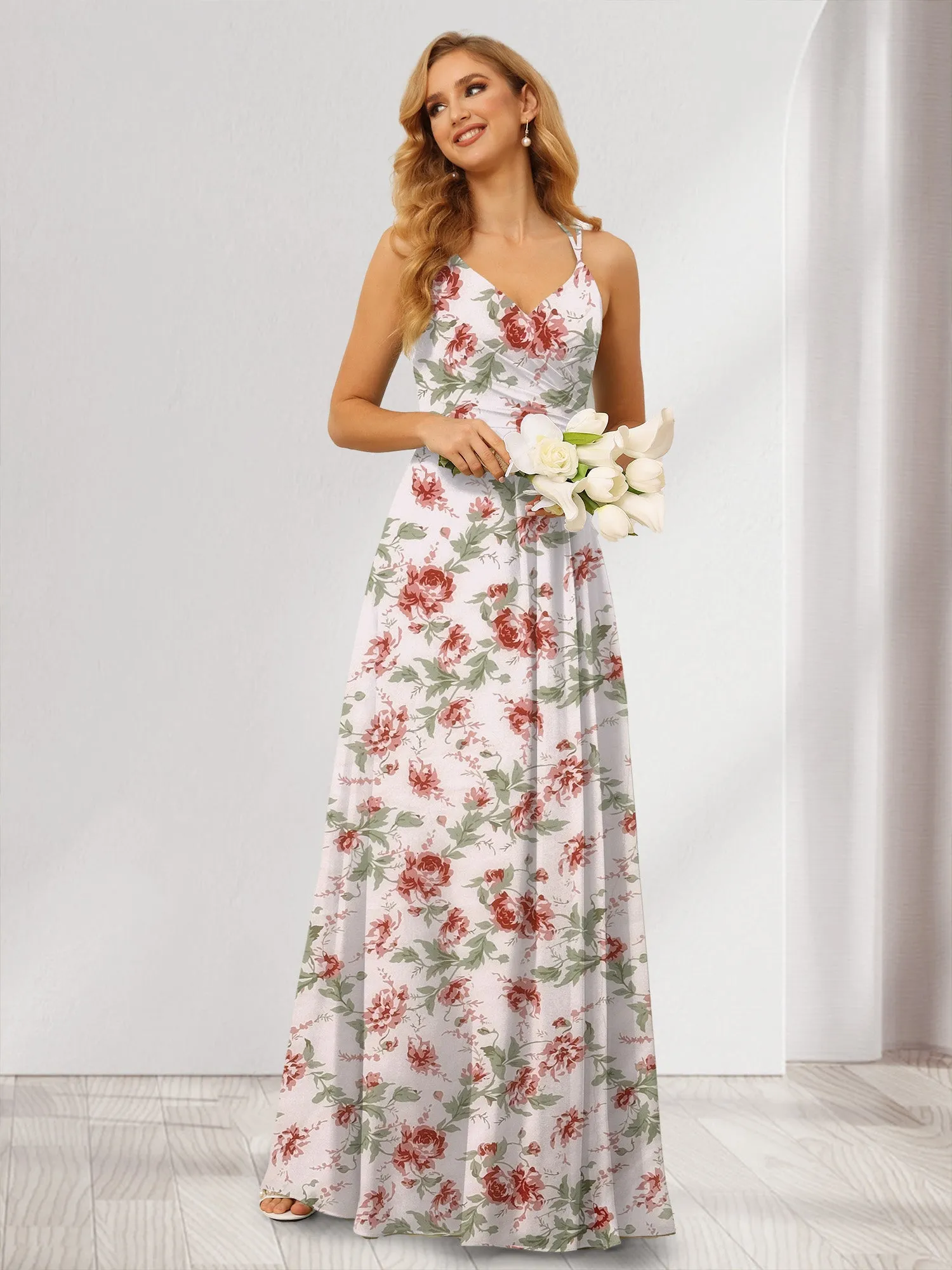 A-Line/Princess V-Neck Long Floral Bridesmaid Dresses with Ruched sold by Lavetir