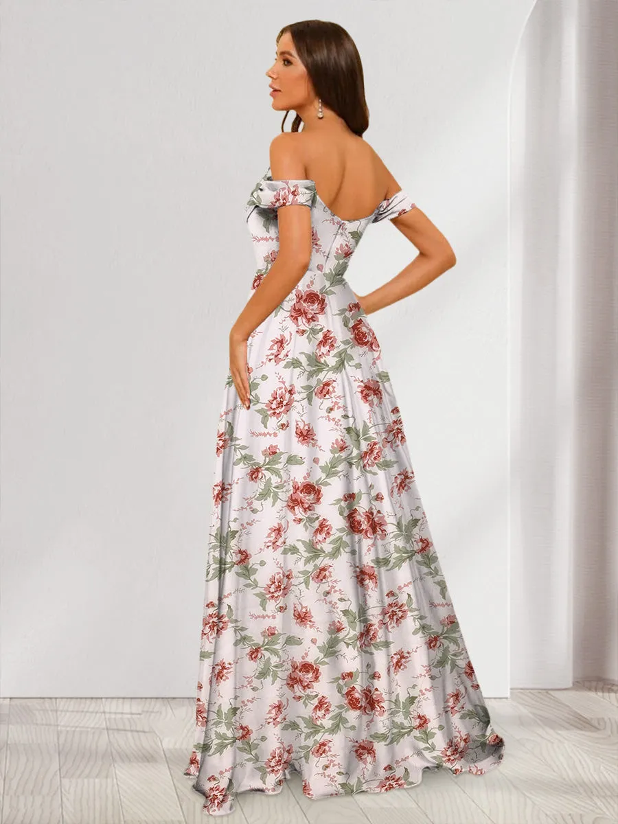Floor-Length Off-the-Shoulder Long Floral Dresses with Split Side & Ruched sold by Lavetir product image thumbnail 2