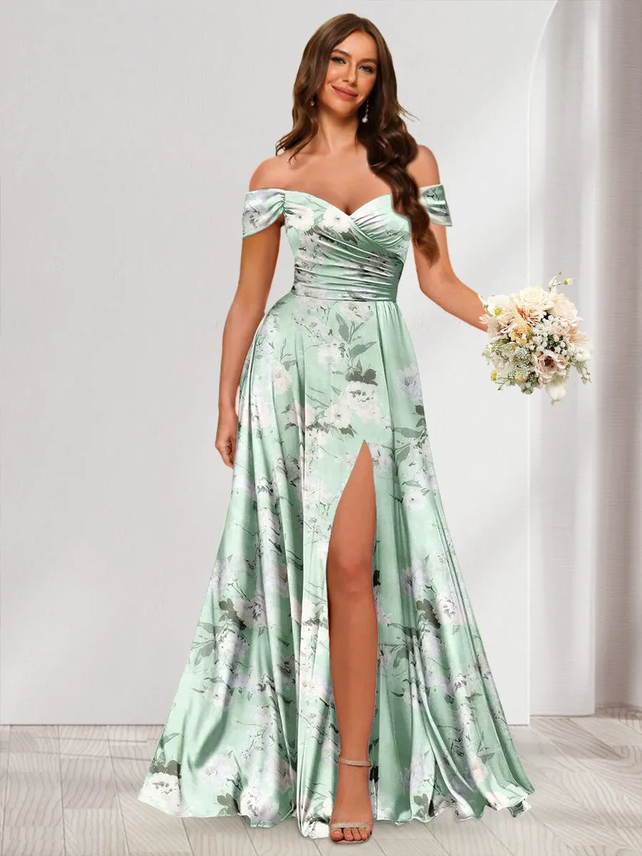 Floor-Length Off-the-Shoulder Long Floral Dresses with Split Side & Ruched sold by Lavetir product image thumbnail 3