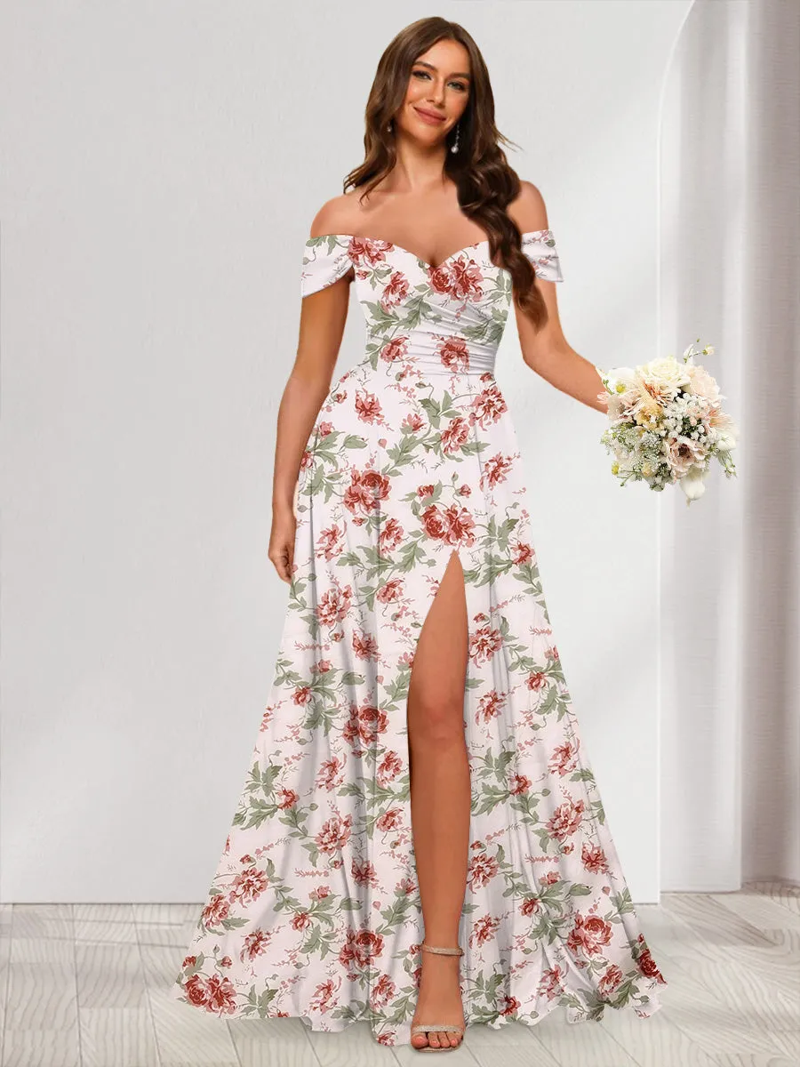 Floor-Length Off-the-Shoulder Long Floral Dresses with Split Side & Ruched sold by Lavetir