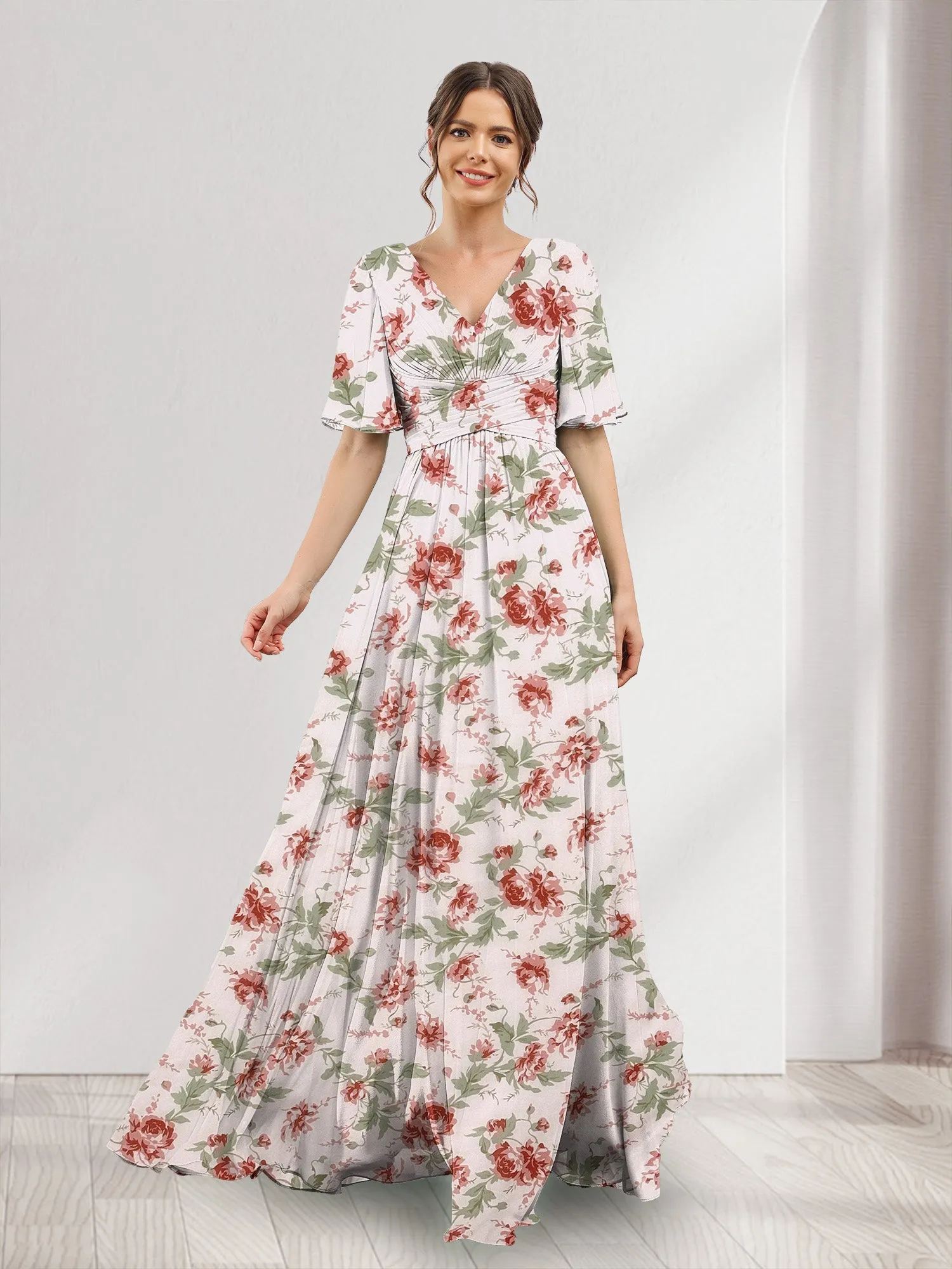 A-Line V-Neck Half Sleeves Split Side Chiffon Floral Bridesmaid Dresses With Pockets sold by Lavetir