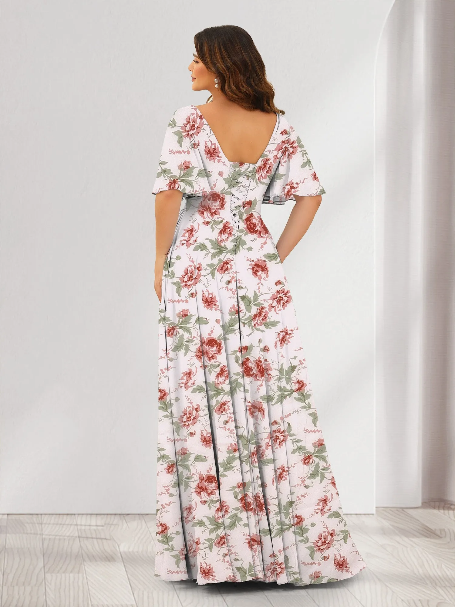 A-Line V-Neck Half Sleeves Split Side Chiffon Floral Bridesmaid Dresses With Pockets sold by Lavetir product image thumbnail 2