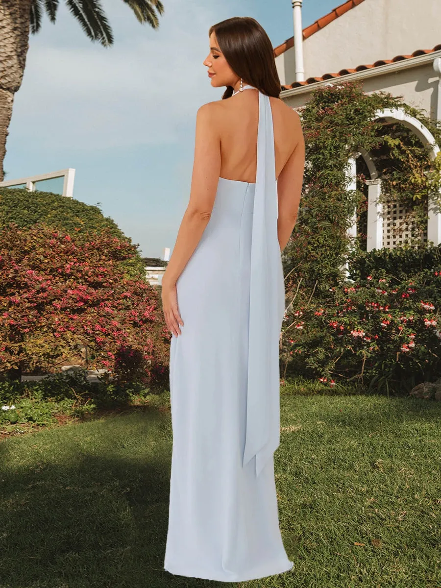 Sheath/Column Halter Sleeveless Floor-Length Bridesmaid Dresses with Split Side& Bow sold by Lavetir product image thumbnail 2