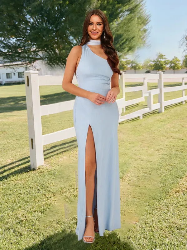 Sheath/Column Asymmetrical Sleeveless Slit Long Bridesmaid Dresses with Neck Scarf sold by Lavetir