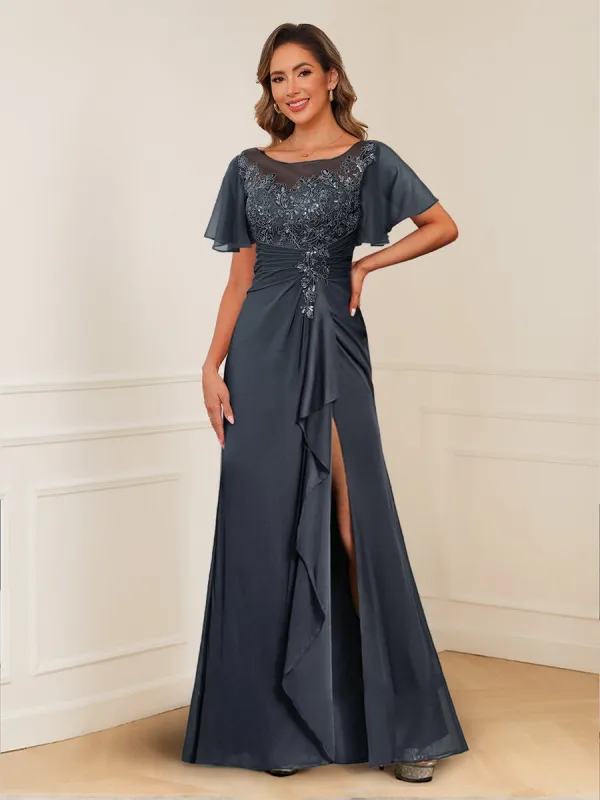 A-Line/Princess Illusion Scoop Appliques Ruched Mother of the Bride Dresses with Split Side sold by Lavetir