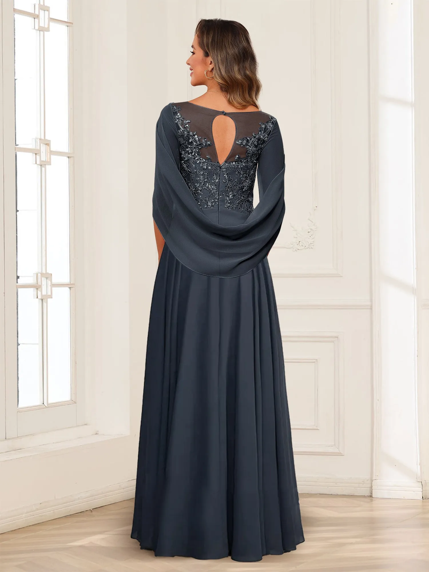 A-Line/Princess Illusion Scoop Appliques Ruched Mother of the Bride Dresses with Cape sold by Lavetir product image thumbnail 2