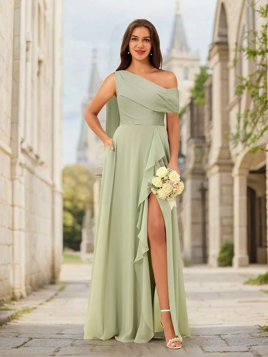 A-Line/Princess Asymmetrical One-Shoulder Long Bridesmaid Dresses with Split Side sold by Lavetir