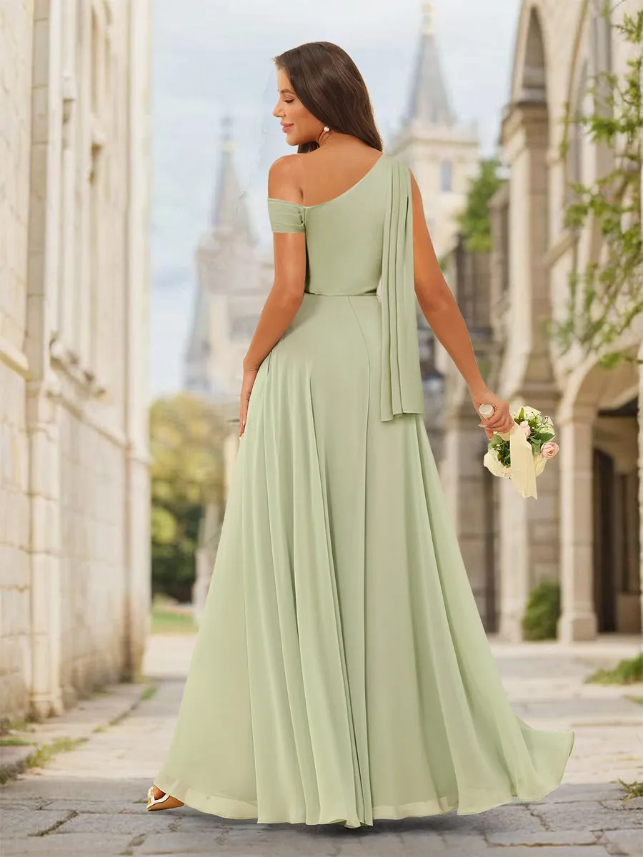 A-Line/Princess Asymmetrical One-Shoulder Long Bridesmaid Dresses with Split Side sold by Lavetir product image thumbnail 2