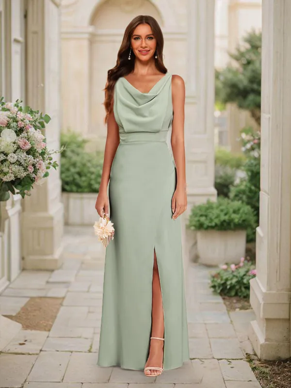 Trumpet/Mermaid Cowl Neck Sleeveless Floor-Length Ruched Bridesmaid Dresses with Split Side sold by Lavetir