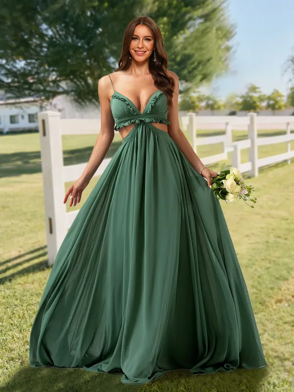 A-Line/Princess Straps V-Neck Side Cutout Bridesmaid Dresses with Ruffles sold by Lavetir