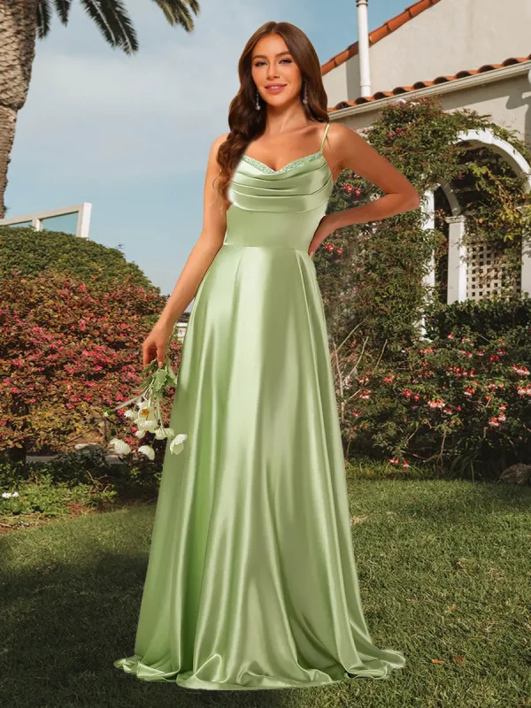 A-Line/Princess Cowl Neck Floor-Length Long Bridesmaid Dresses with Sequins sold by Lavetir