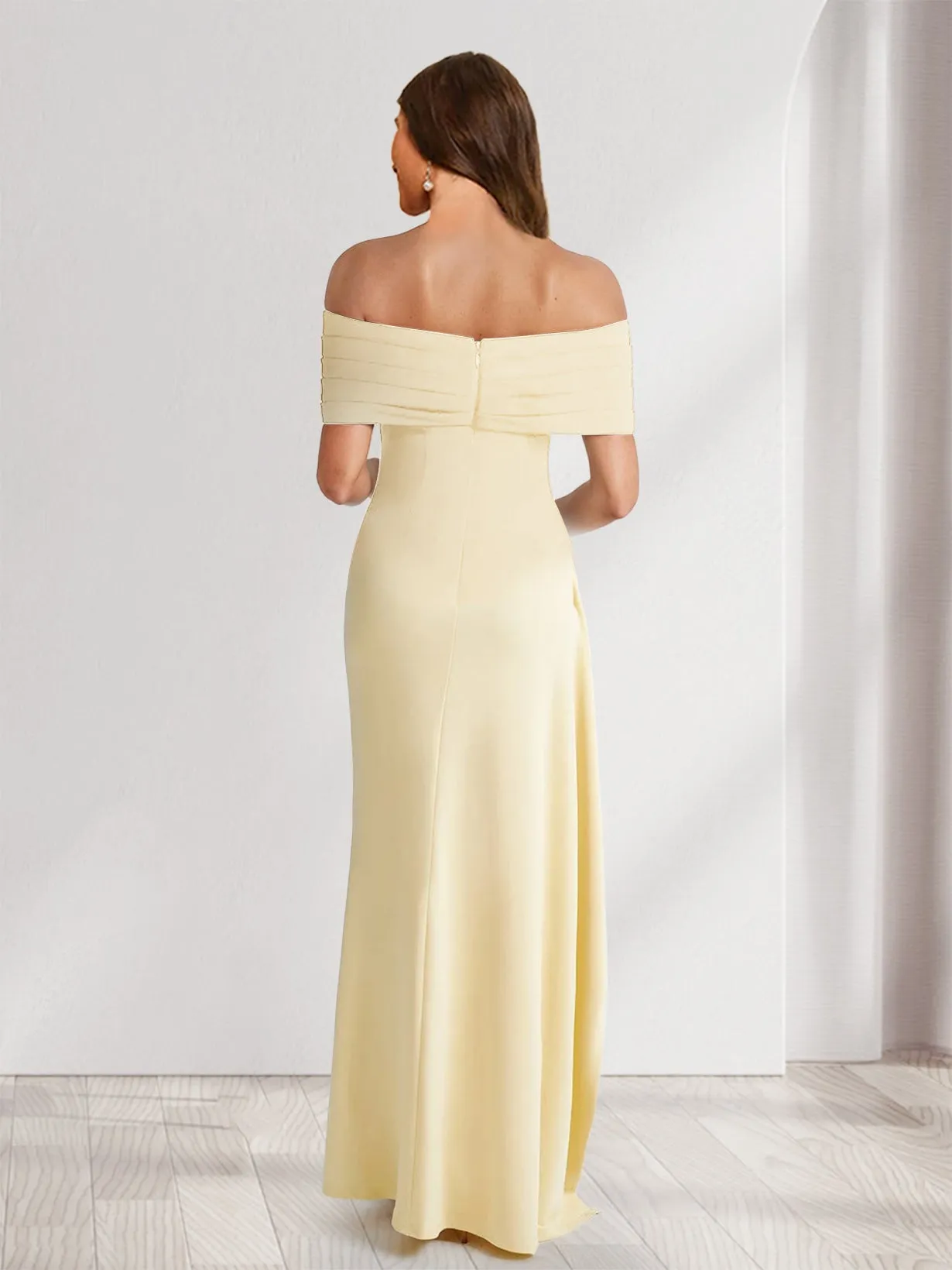 Sheath/Column Off-the-Shoulder Pleated Ruffle Bridesmaid Dresses with Split Side sold by Lavetir product image thumbnail 2