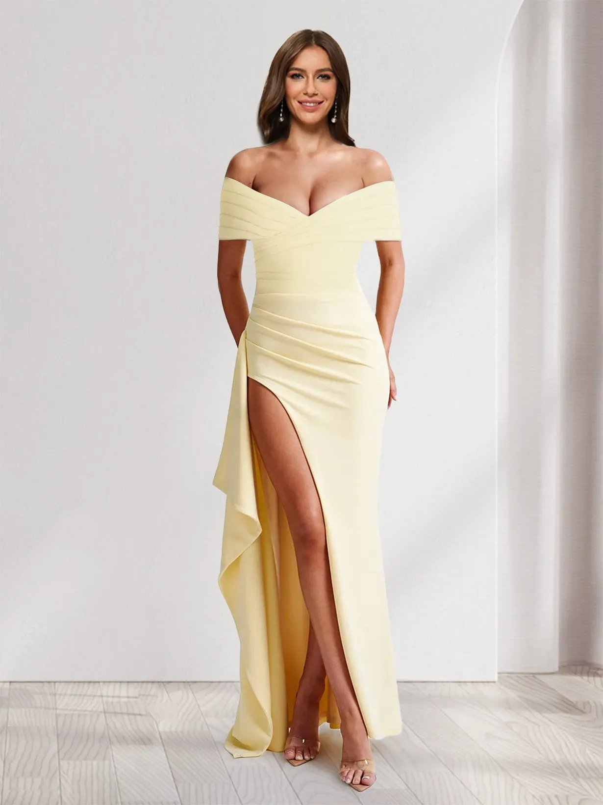 Sheath/Column Off-the-Shoulder Pleated Ruffle Bridesmaid Dresses with Split Side sold by Lavetir